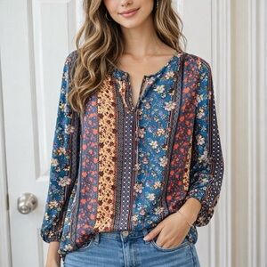 Chelsea & Theodore Colorful Bohemian Style Split Neck Blouse Size S
